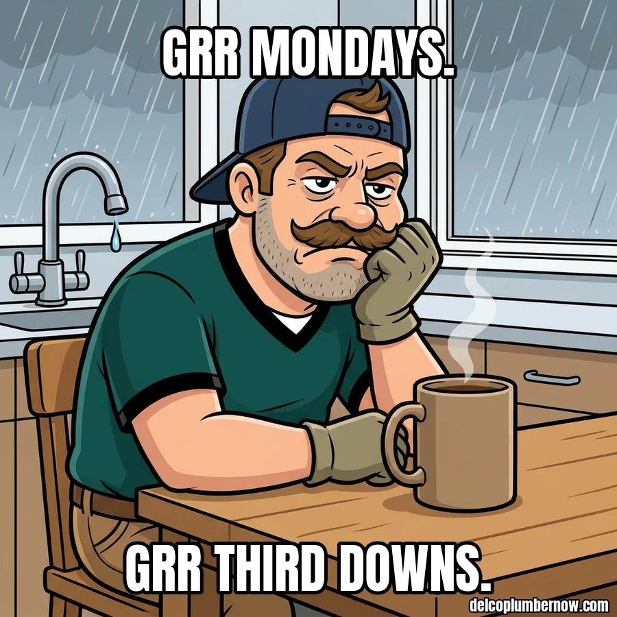 Grumpy plumber with coffee on a rainy Monday. Grr Mondays. Grr third downs.