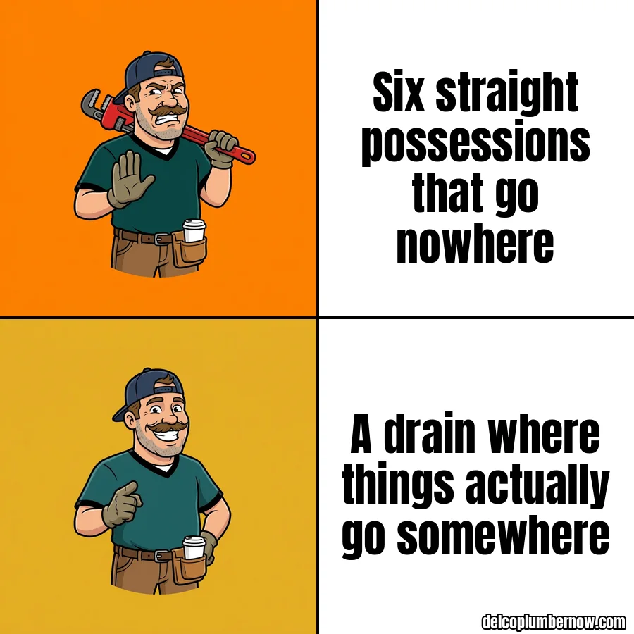 Plumber waves off six straight possessions that go nowhere, and points happily at a drain where things actually go somewhere.