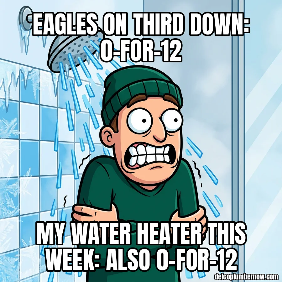 Fan shivering in an icy shower. Eagles on third down: 0-for-12. My water heater this week: also 0-for-12.