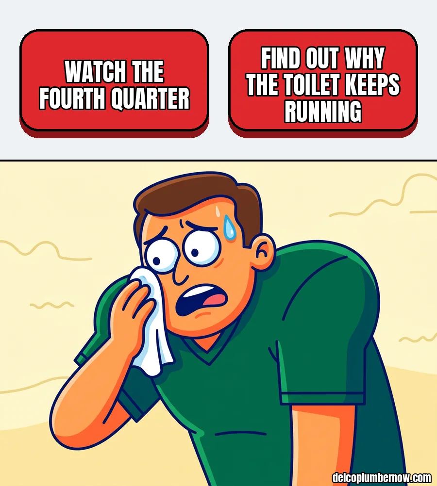 Two buttons: watch the fourth quarter, or find out why the toilet keeps running. A fan sweats over the choice.