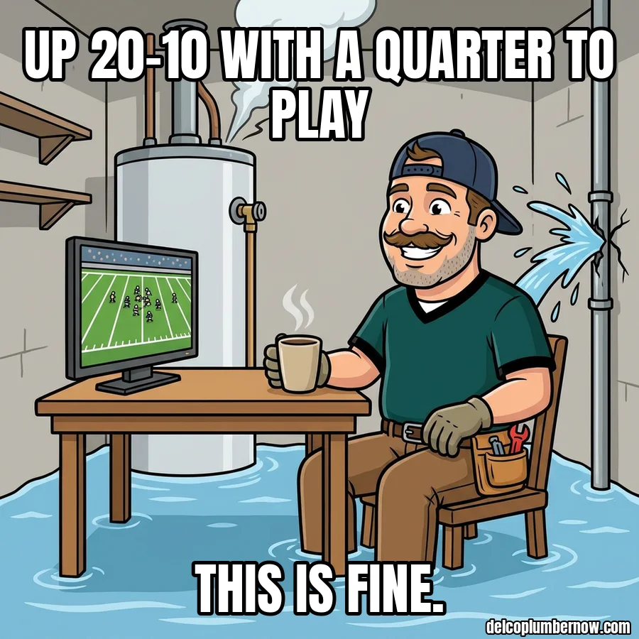 Plumber calmly drinking coffee in a flooding basement while the water heater steams. Up 20–10 with a quarter to play. This is fine.
