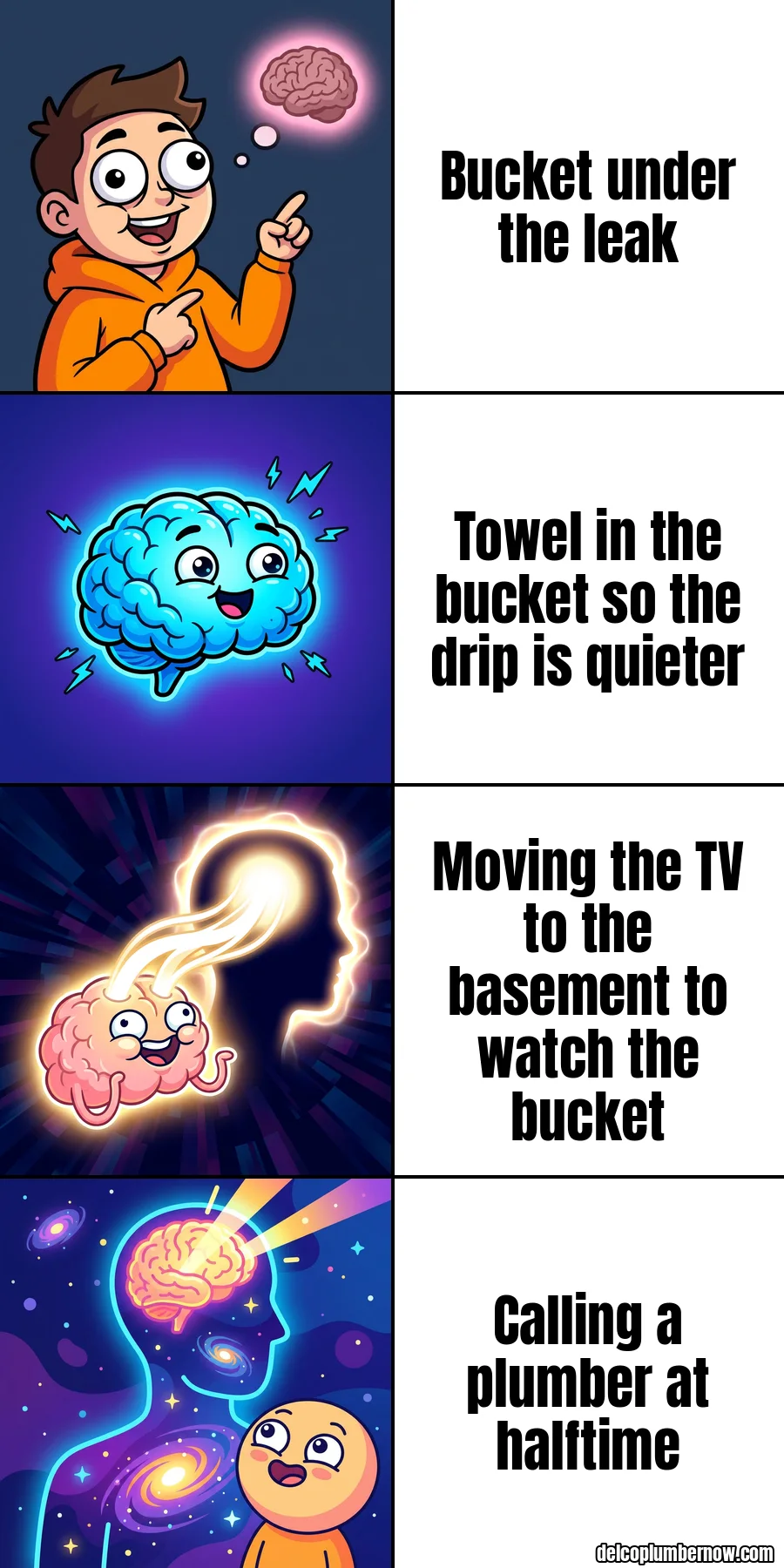 Expanding brain: bucket under the leak; towel in the bucket so the drip is quieter; moving the TV to the basement to watch the bucket; calling a plumber at halftime.