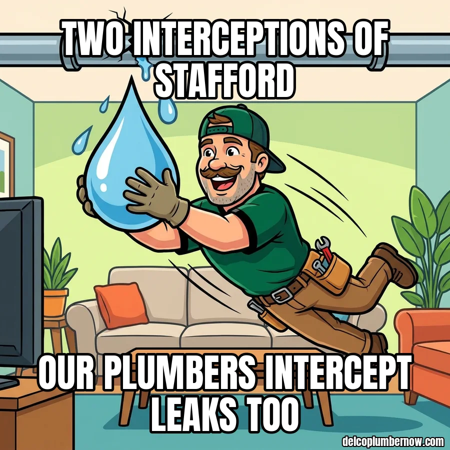 Plumber making a diving catch of a falling water drop. Two interceptions of Stafford. Our plumbers intercept leaks too.