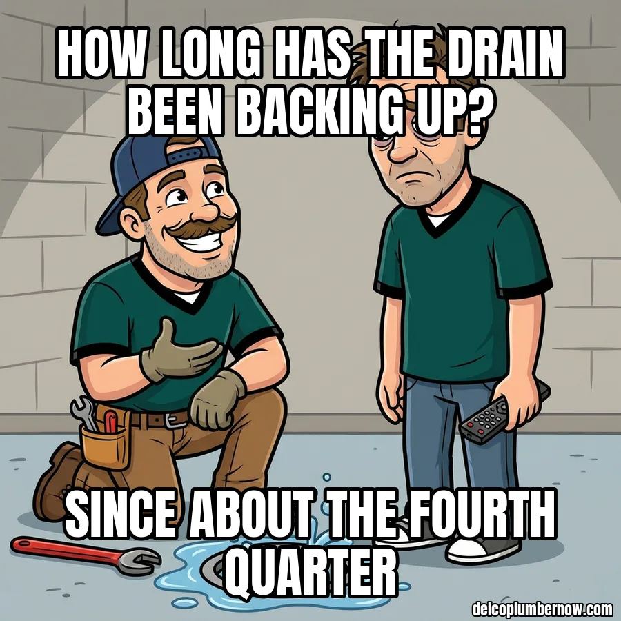 Plumber at a backed-up basement drain asks how long it's been backing up. Since about the fourth quarter.
