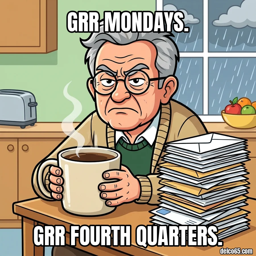 Grumpy retiree with coffee and a pile of mail on a rainy Monday. Grr Mondays. Grr fourth quarters.