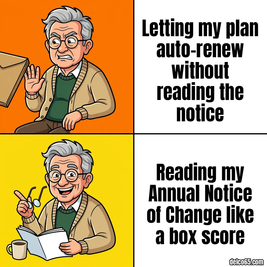 Retiree waves off letting his plan auto-renew without reading the notice, and happily points at reading his Annual Notice of Change like a box score.
