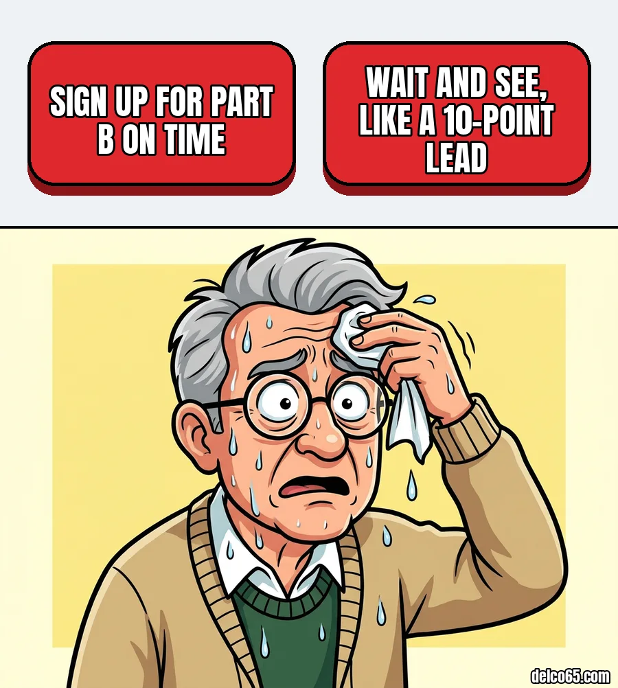 Two buttons: sign up for Part B on time, or wait and see like a 10-point lead. A retiree sweats over the choice.