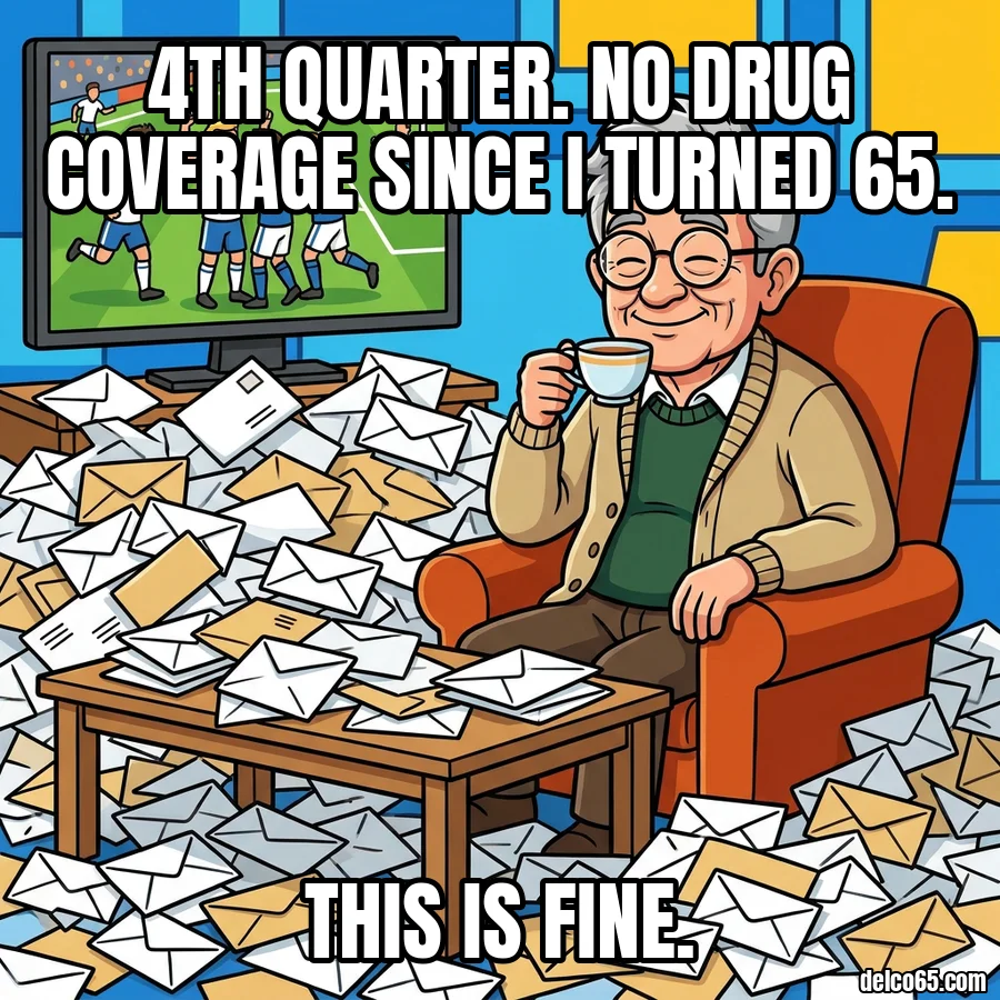 Retiree calmly sipping tea in an avalanche of unopened mail while the other team celebrates on TV. 4th quarter. No drug coverage since I turned 65. This is fine.